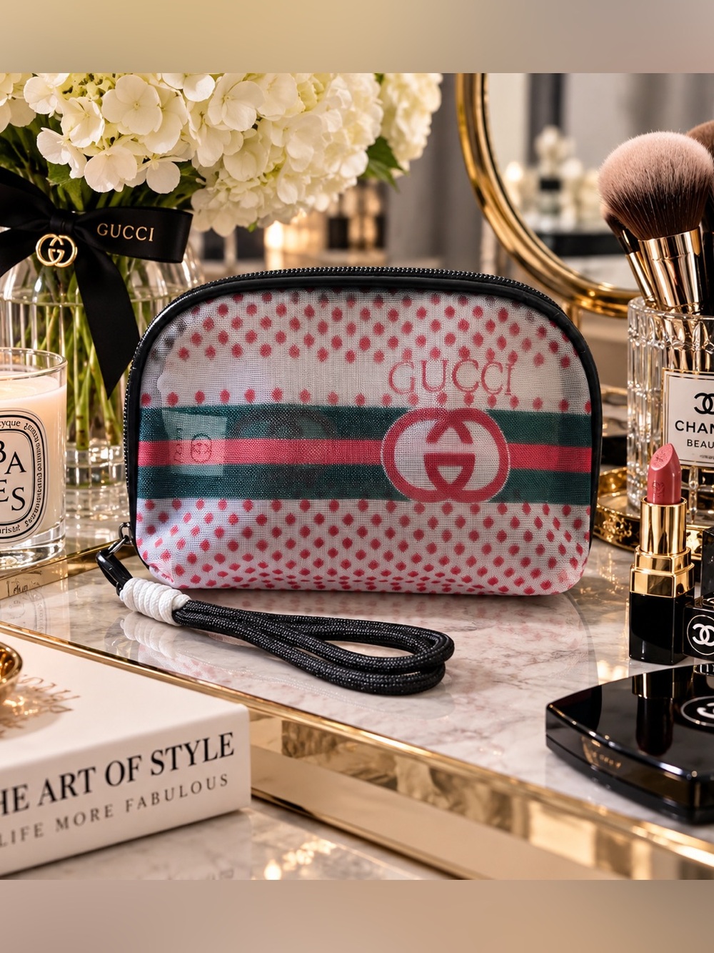 New GG Makeup Cosmetic Pouch Wristlet – 7” x 4.5” x 1.5”